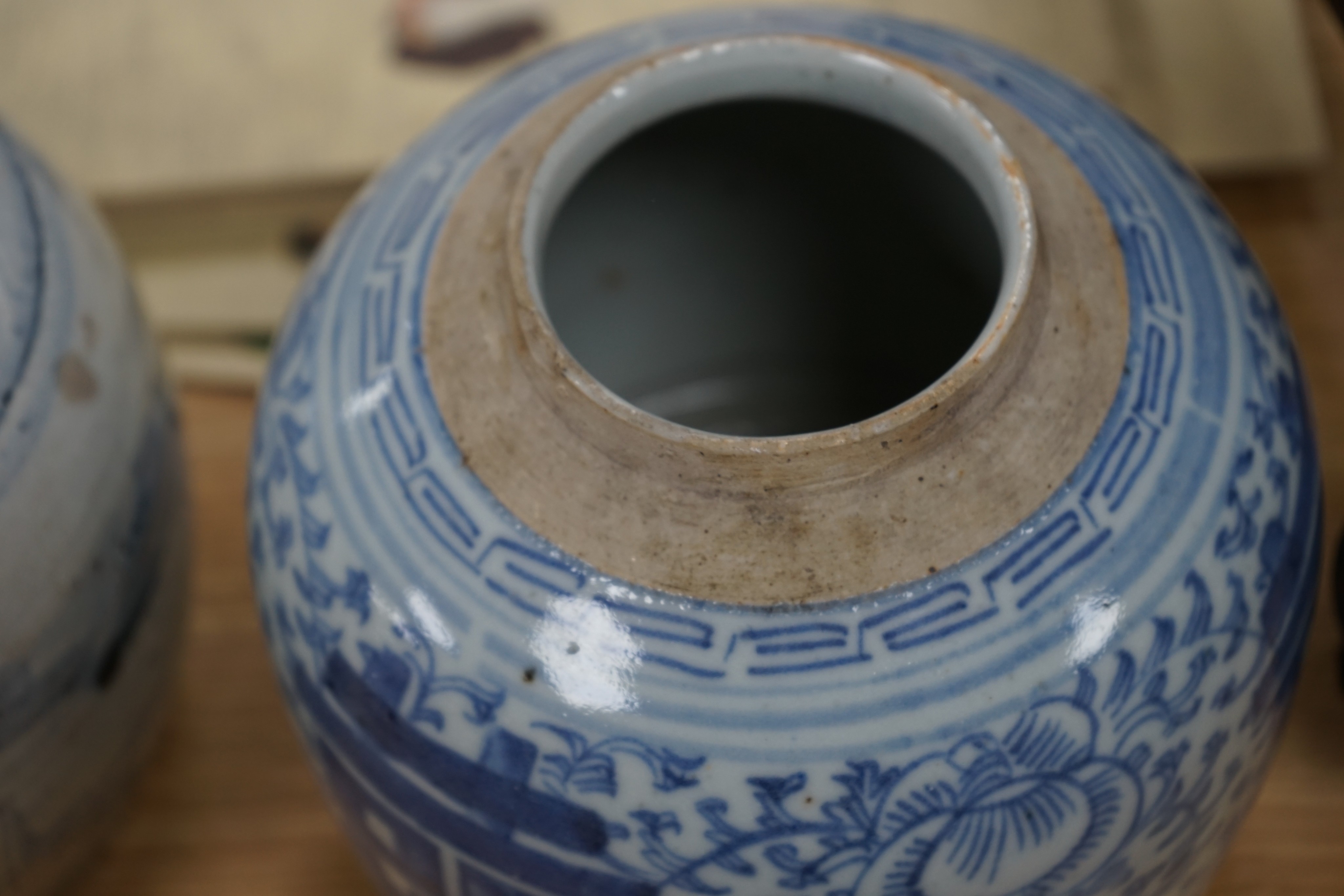 A Chinese blue and white rouleau vase and two jars, 19th century and later, 38cm